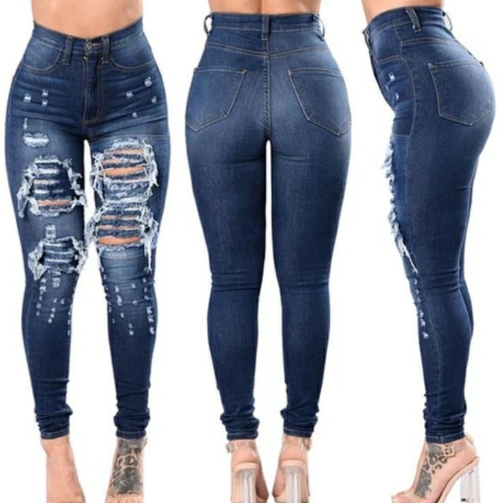 High Waist Stretchy Ripped Denim Jeans